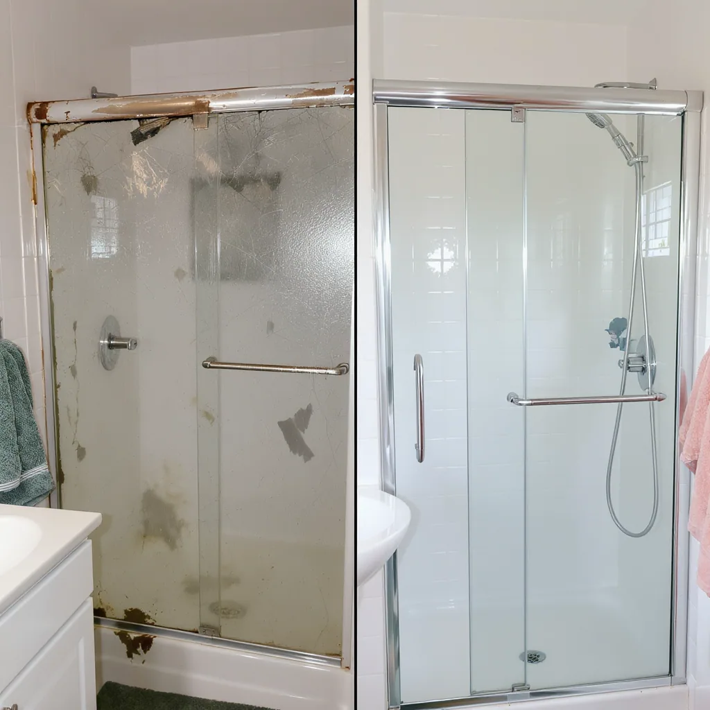 Side-by-side Comparison Of A Damaged Hazy Shower Door And Clear