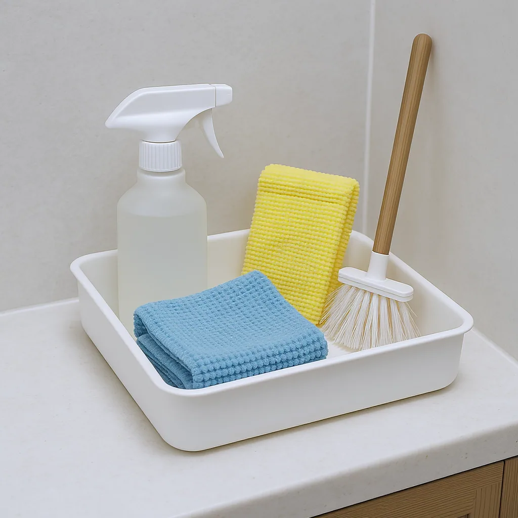 Minimalist Bathroom Caddy With Spray Bottle Microfiber Cloths Squeegee And