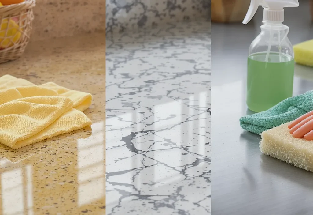 Proper cleaning of laminate, stone, and stainless steel kitchen countertops with appropriate tools.