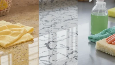 Proper cleaning of laminate, stone, and stainless steel kitchen countertops with appropriate tools.