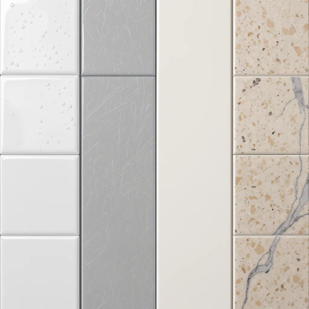 Close-up Comparison Of Glossy Ceramic Tile Textured Fiberglass Smooth Acrylic