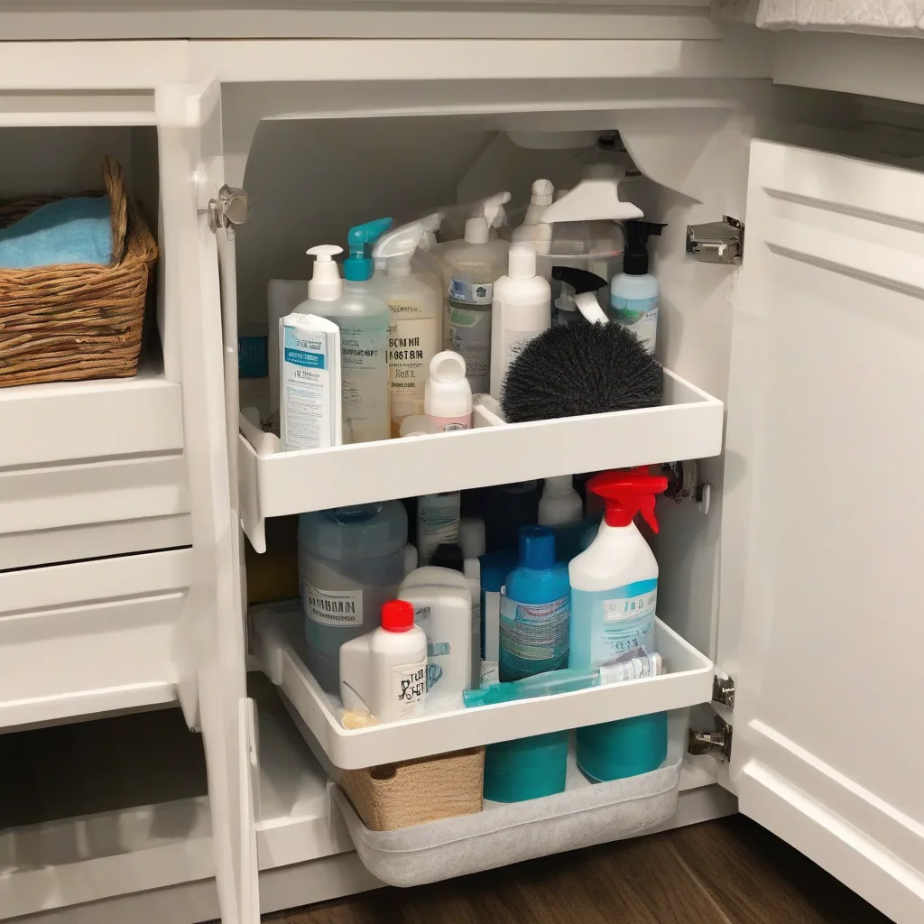 Organized Under-sink Cabinet With Labeled Bins For Bathroom Cleaning Supplies