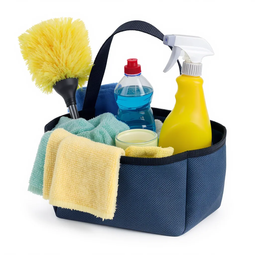 Portable Cleaning Caddy Stocked With Microfiber Cloths A Duster Glass