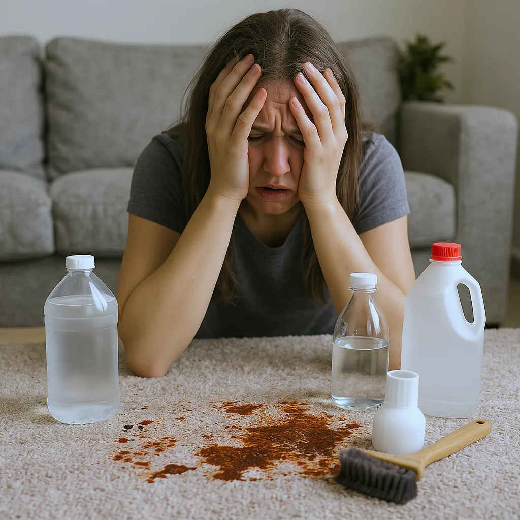 Distressed Homeowner Looking At A Carpet Stain Made Worse By