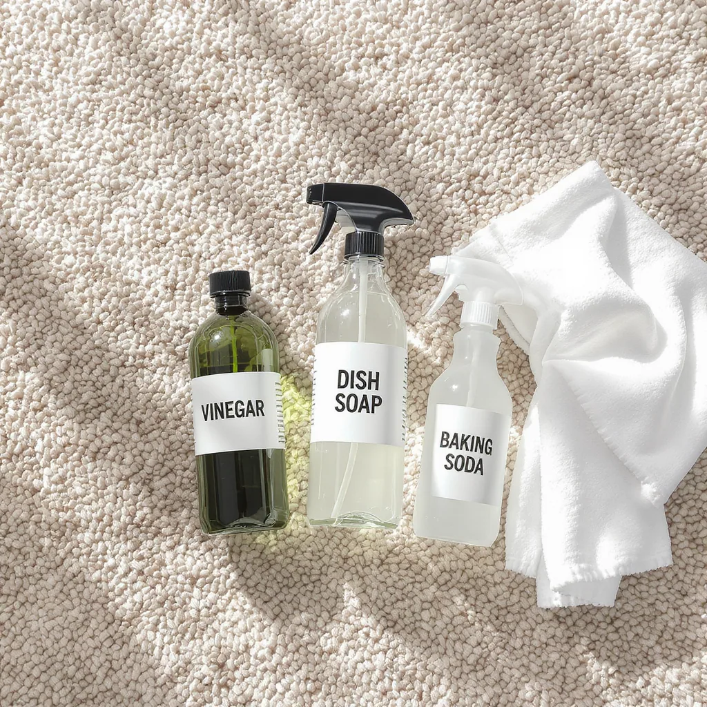 Flat Lay Of A Home Carpet Cleaning Kit With Bottles