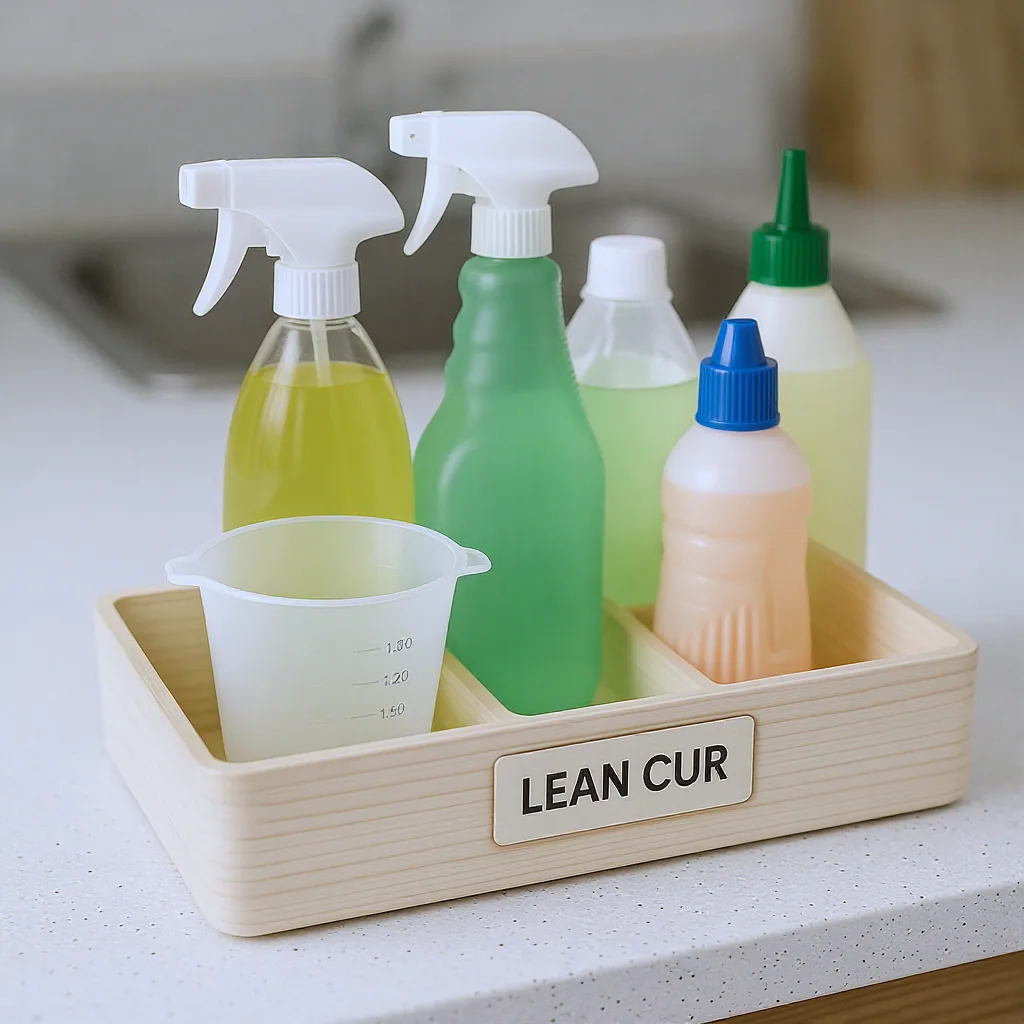 Cleaning Caddy With Labeled Spray Bottles A Measuring Cup And