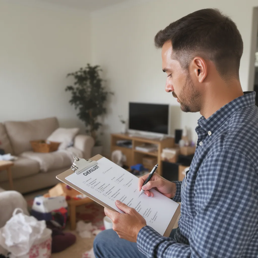 Person Holding A Clipboard Looking At Messy Living Room