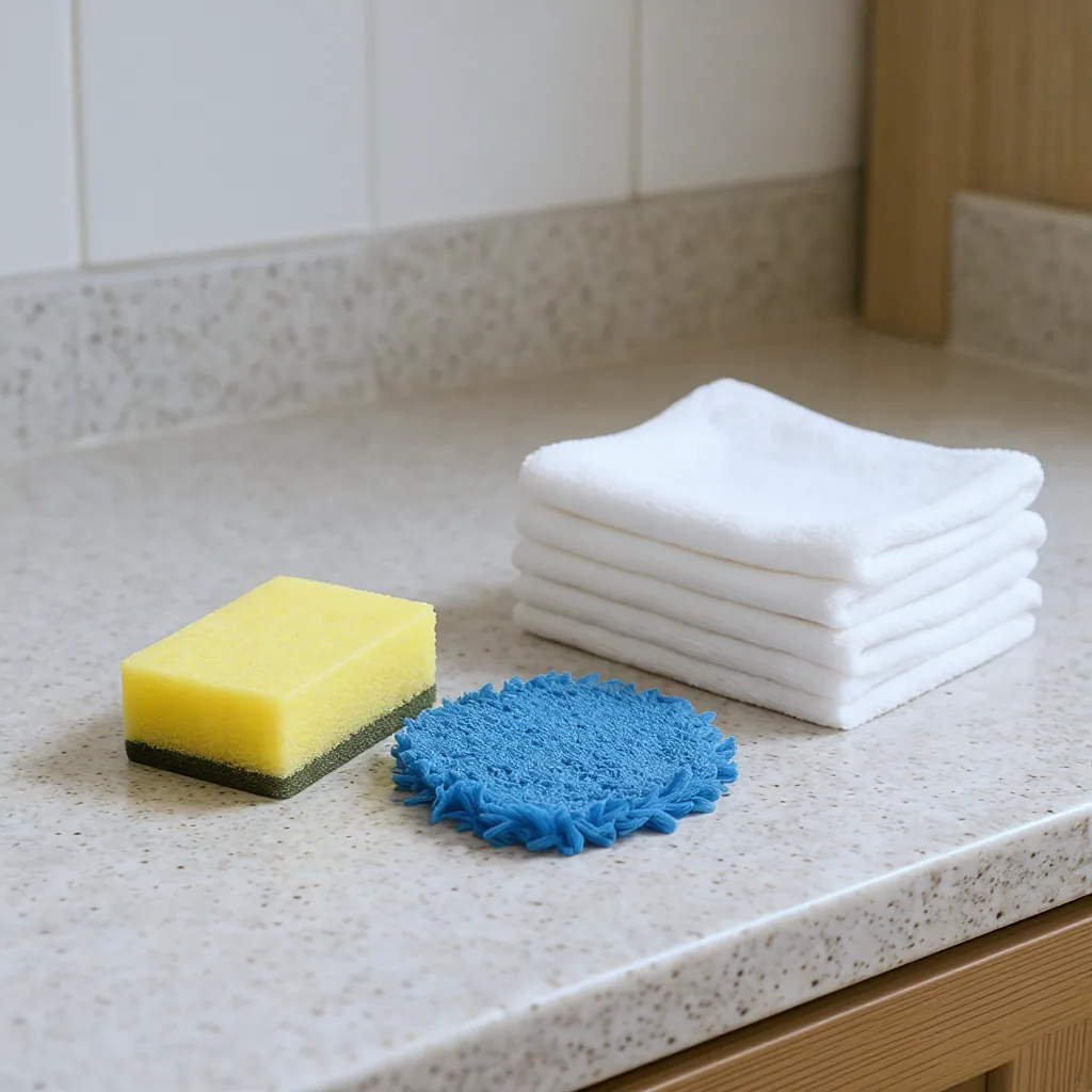 Clean Kitchen Counter With A New Sponge Blue Scouring Pad