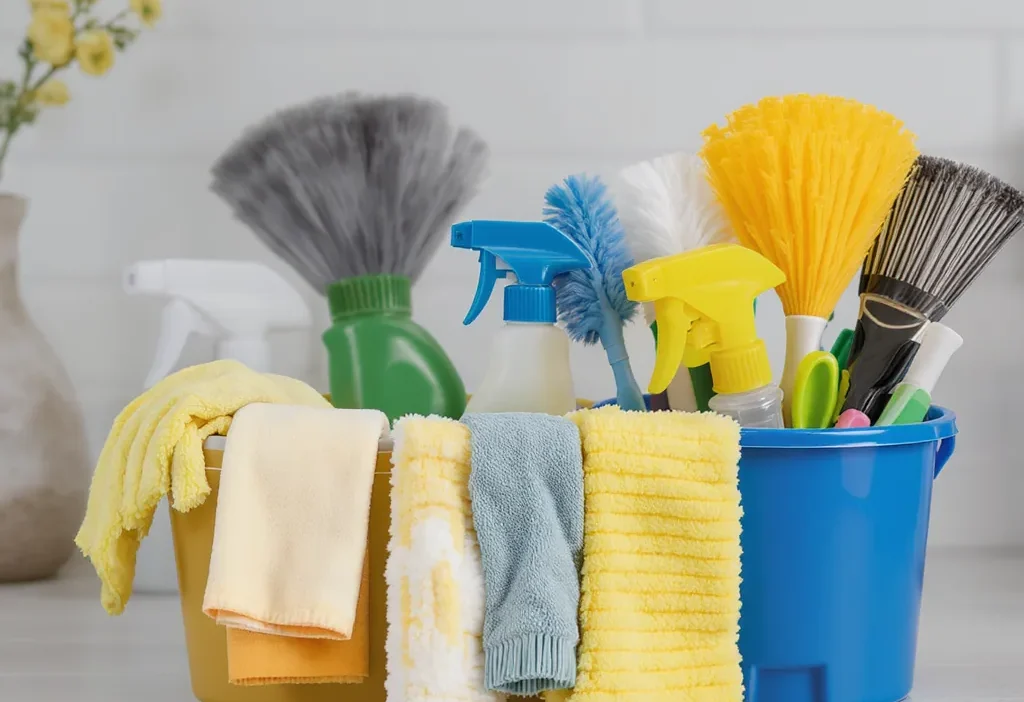 A person organizing cleaning supplies in a cabinet, avoiding common storage and replacement mistakes