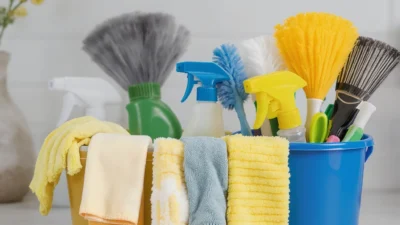 A person organizing cleaning supplies in a cabinet, avoiding common storage and replacement mistakes