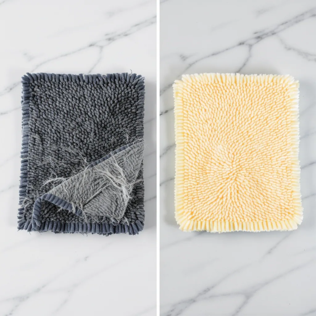 Side-by-side Comparison Of A Frayed Microfiber Cloth And New Fluffy