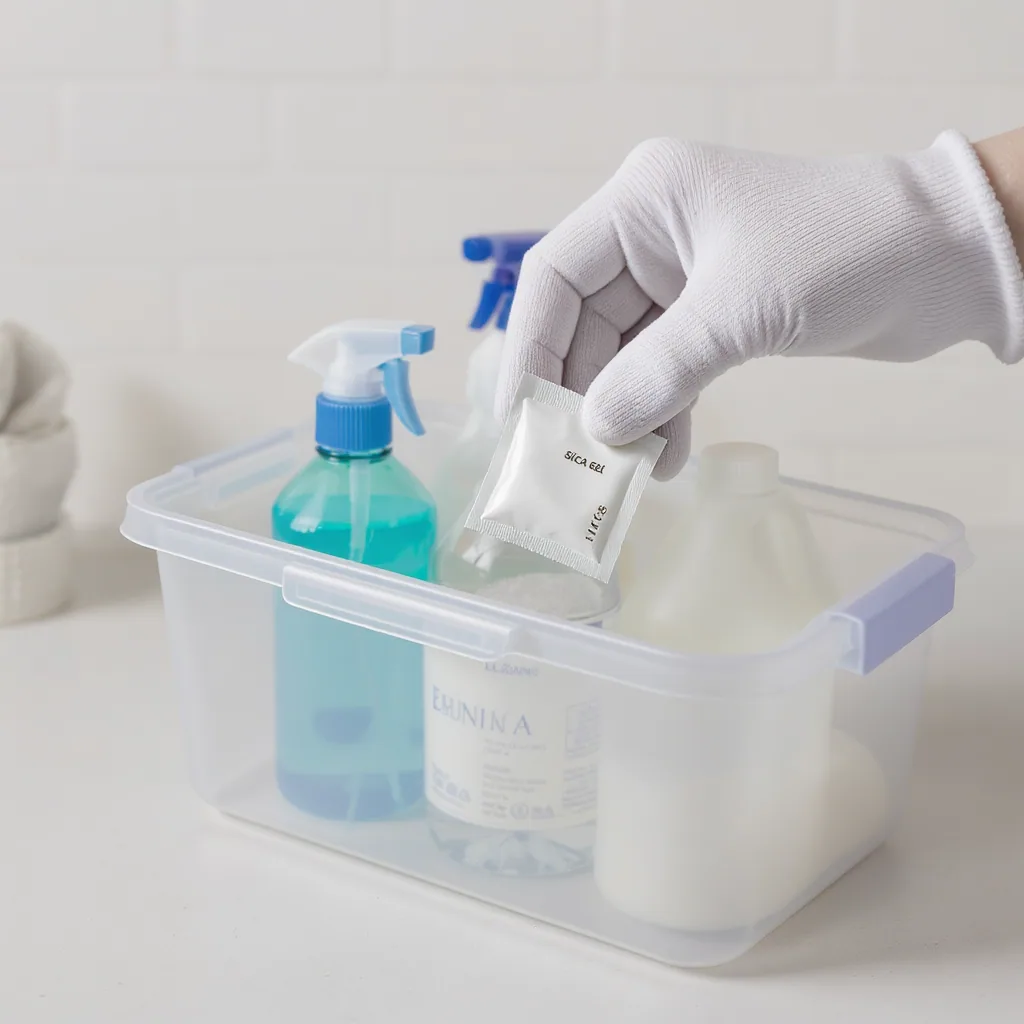 Hand Placing A Silica Gel Packet Into Clear Plastic Bin