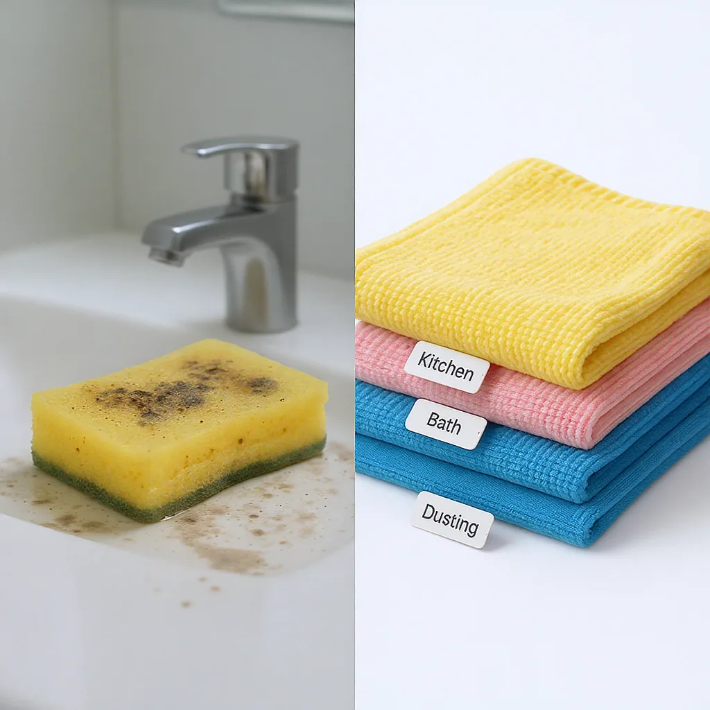 Split Image Comparing A Dirty Kitchen Sponge On Mirror To