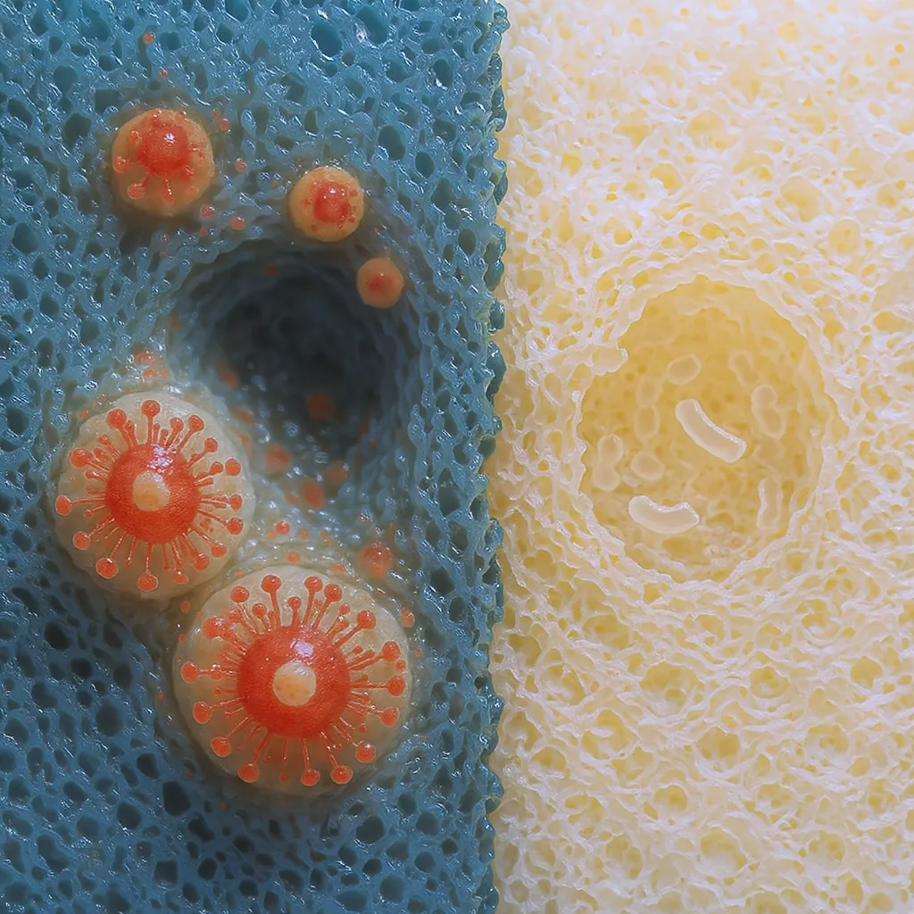 Magnified Cross-section Of A Damp Kitchen Sponge With Bacterial Colonies
