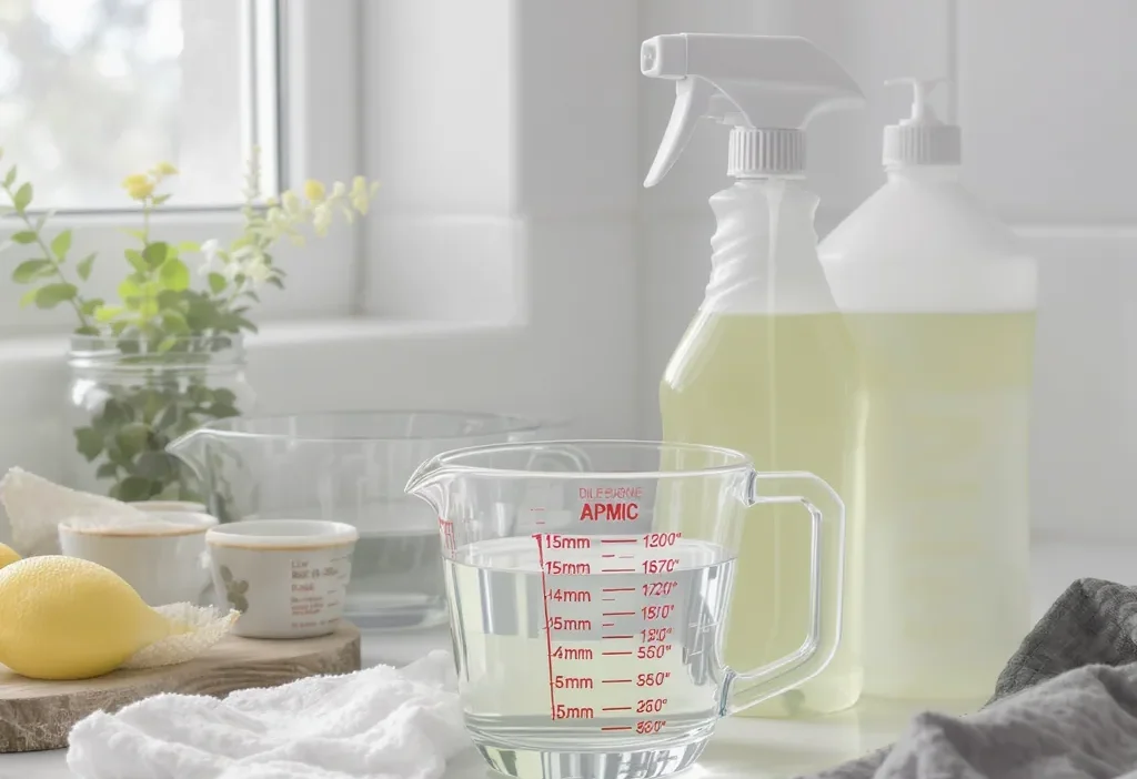 Illustrated guide showing correct dilution ratios for bleach, vinegar, and all-purpose cleaner in spray bottles.