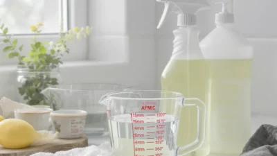 Illustrated guide showing correct dilution ratios for bleach, vinegar, and all-purpose cleaner in spray bottles.