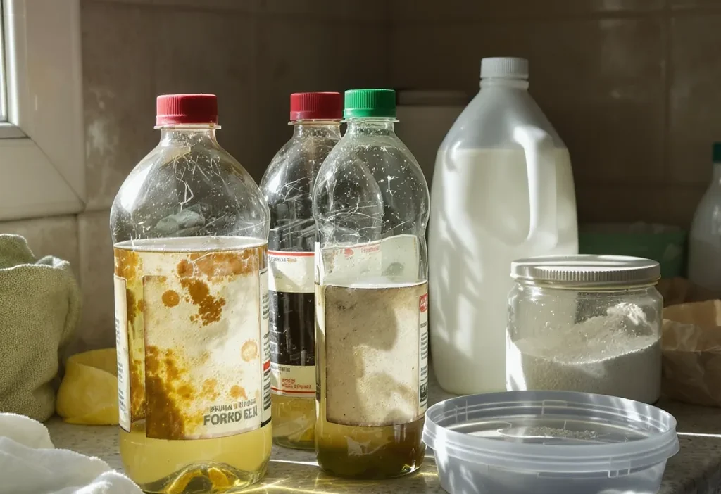 Expired cleaning products with faded labels and separated liquids on a countertop.