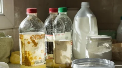 Expired cleaning products with faded labels and separated liquids on a countertop.