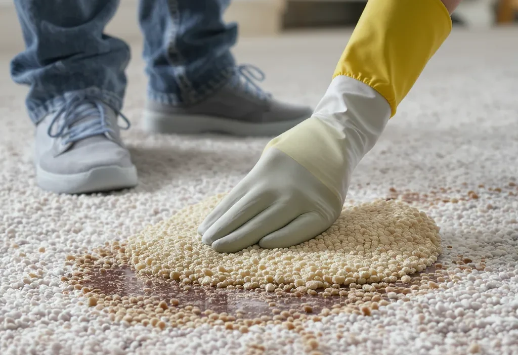 Side-by-side comparison of fresh red wine stain versus old set-in carpet stain with cleaning supplies