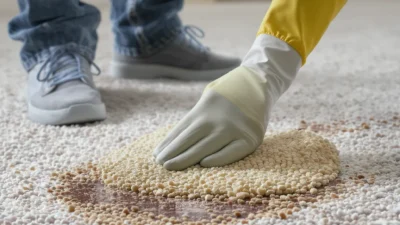 Side-by-side comparison of fresh red wine stain versus old set-in carpet stain with cleaning supplies