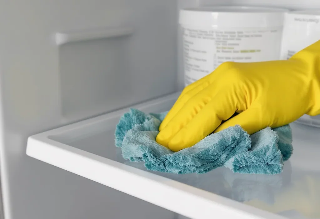 A detailed checklist for cleaning refrigerator shelves, highlighting commonly missed spots like door seals and drip pans.