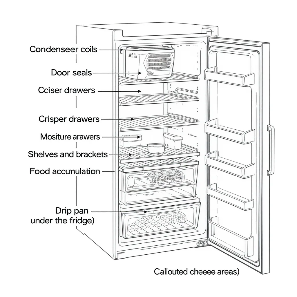Detailed Cutaway A Refrigerator With Callouts To Five Missed Cleaning