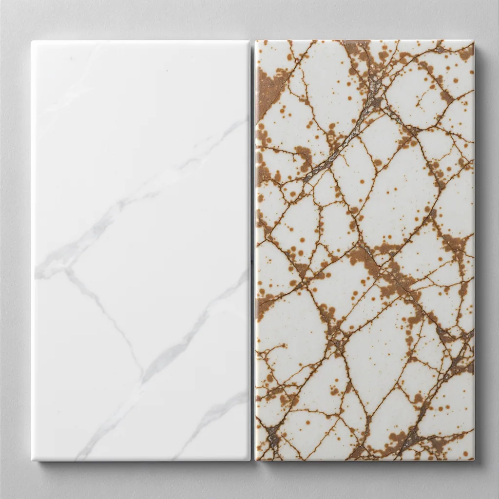 Side-by-side Comparison Of A Pristine Marble Tile And An Etched