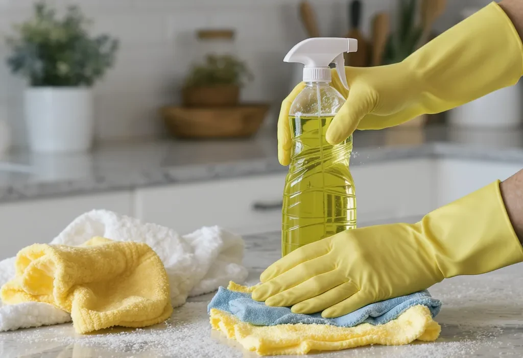 Person cleaning kitchen counter with spray bottle and cloth, avoiding common mistakes with surfaces and grease.