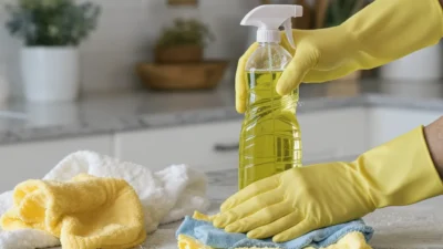 Person cleaning kitchen counter with spray bottle and cloth, avoiding common mistakes with surfaces and grease.