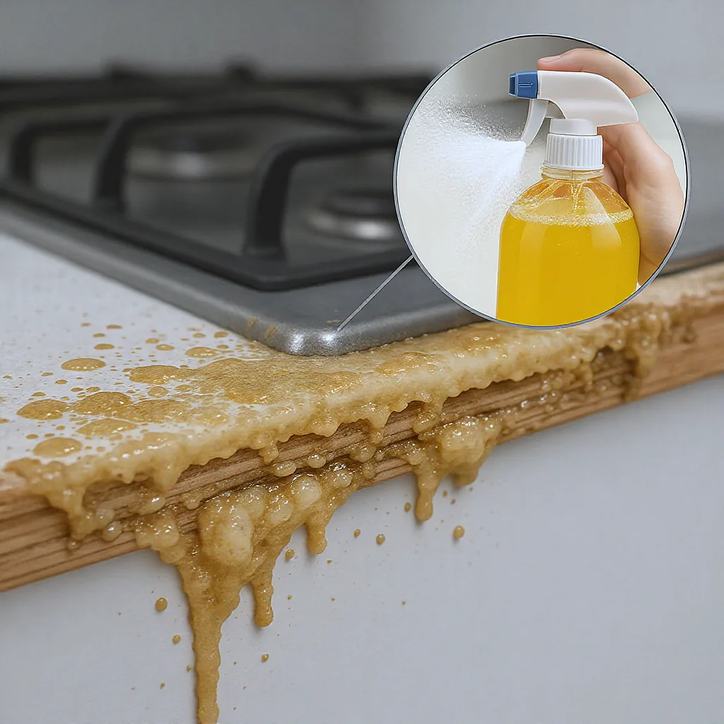 Cross-section Of Kitchen Grease Layers On A Cabinet Door With
