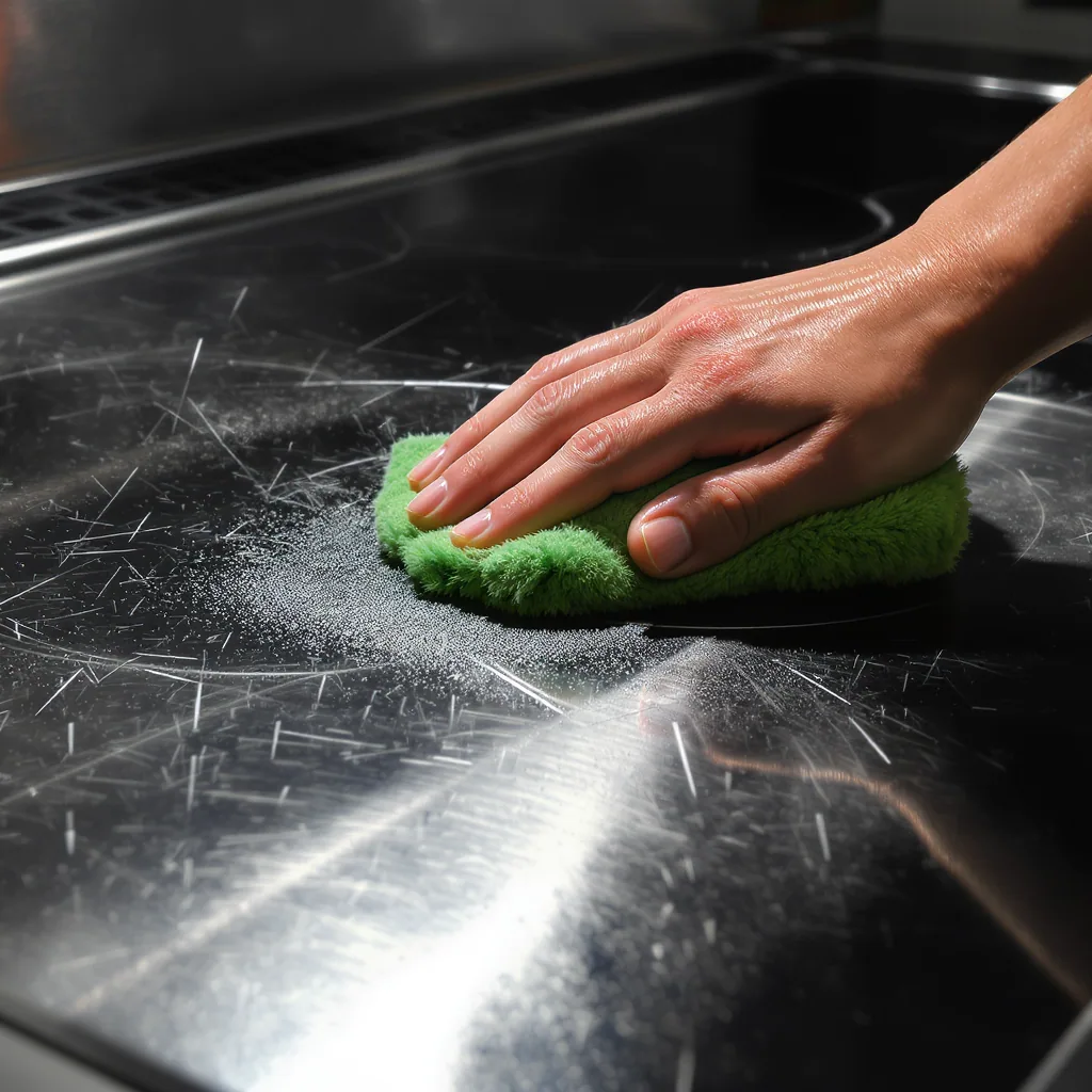A Hand Scrubbing Stovetop With Green Scrubby Creating Micro-scratches