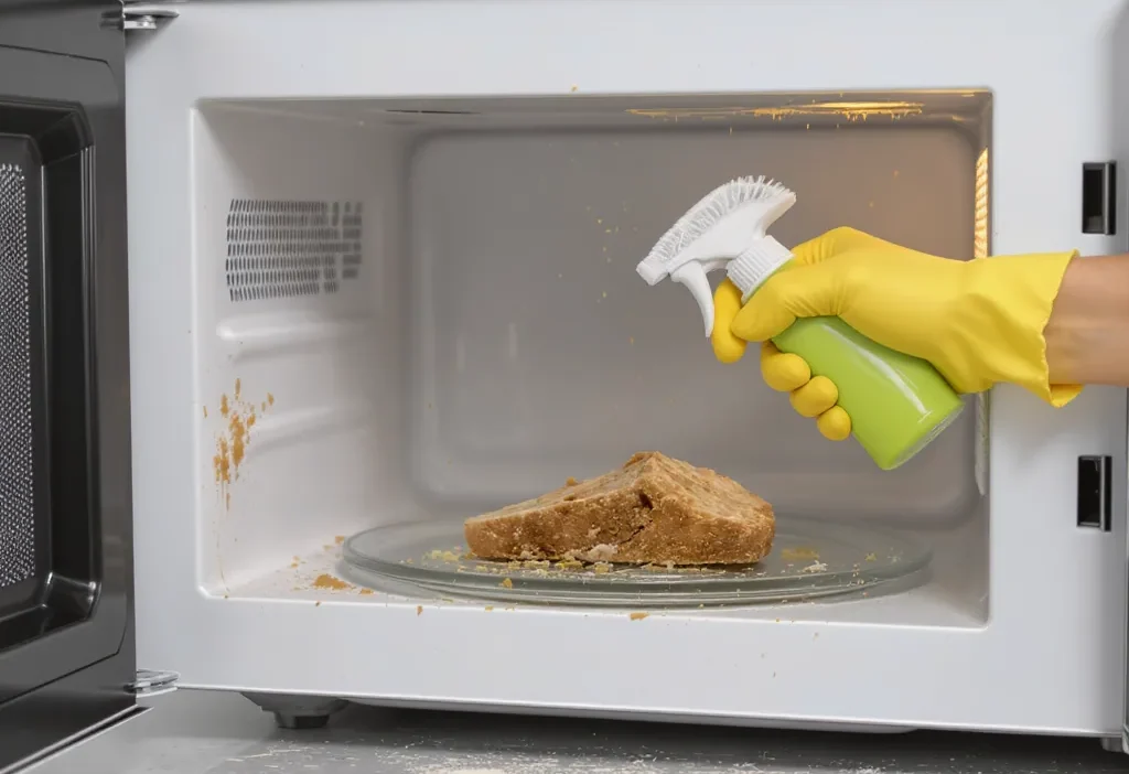 A microwave interior showing fresh tomato sauce splatter on one side and old, baked-on grease stains on the other.