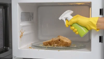A microwave interior showing fresh tomato sauce splatter on one side and old, baked-on grease stains on the other.