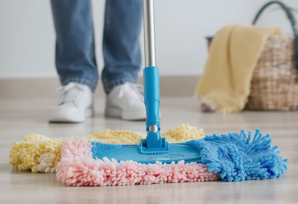 Comparison of a traditional mop, spray mop, and microfiber pad for cleaning floors.