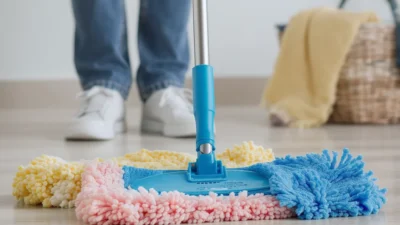 Comparison of a traditional mop, spray mop, and microfiber pad for cleaning floors.