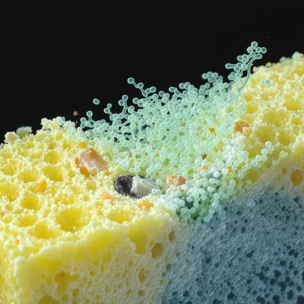 Illustrative Cross-section Of A Kitchen Sponge Showing Trapped Food Particles