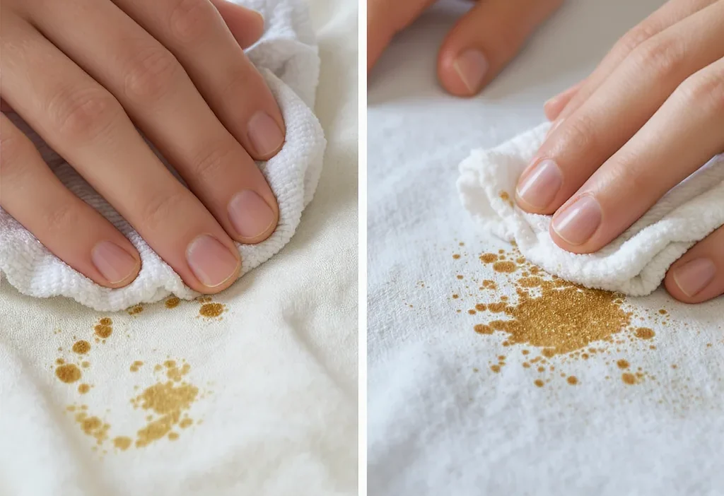 Close-up of a person blotting a fresh coffee stain on a white shirt with a cloth.