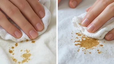 Close-up of a person blotting a fresh coffee stain on a white shirt with a cloth.