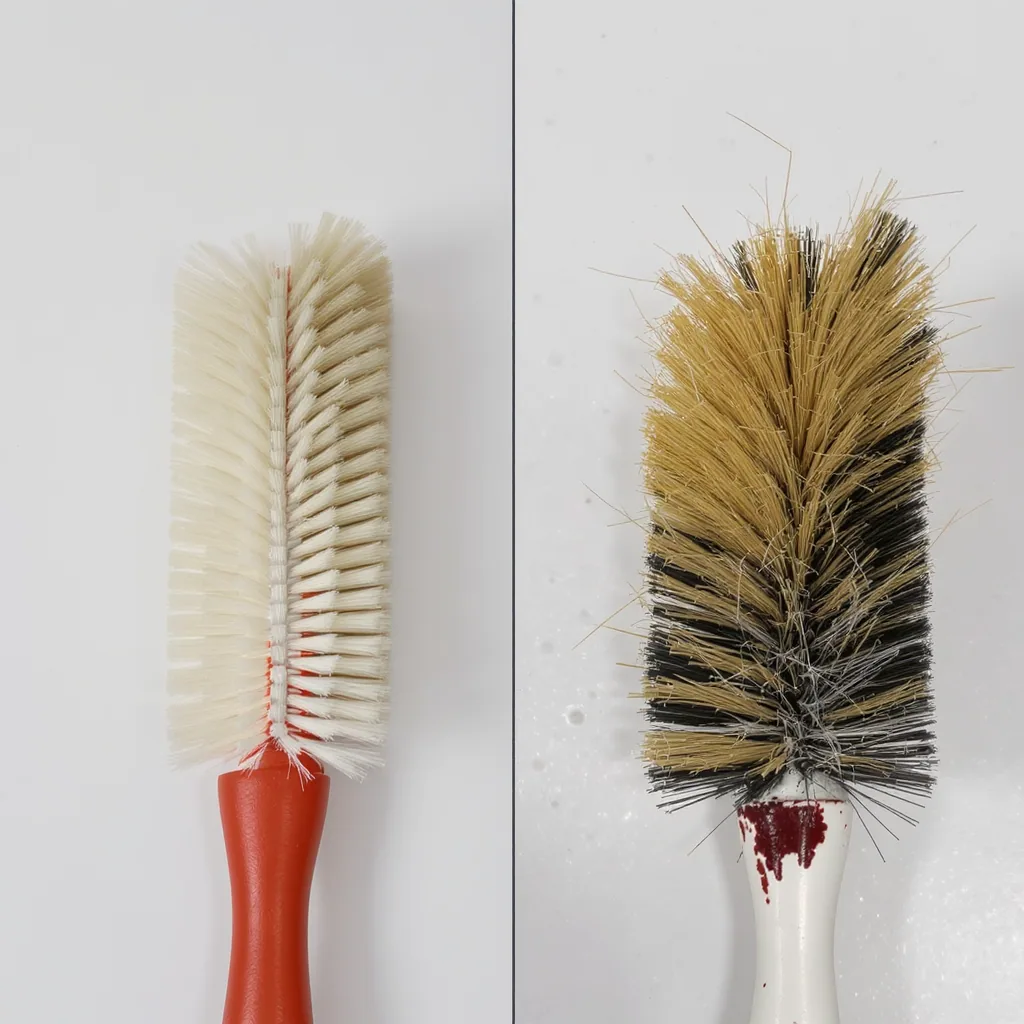 Side-by-side Comparison Of A New Scrub Brush And Severely Worn
