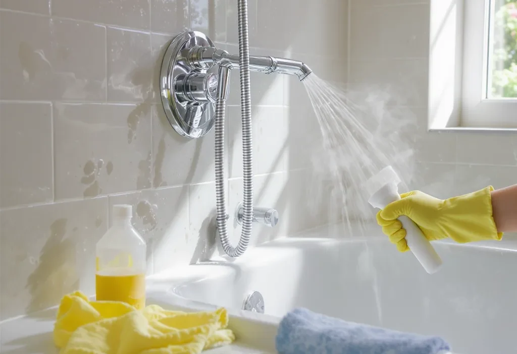 Person making common shower cleaning mistakes with harsh chemicals on tile and grout