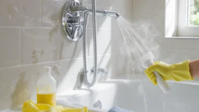 Person making common shower cleaning mistakes with harsh chemicals on tile and grout