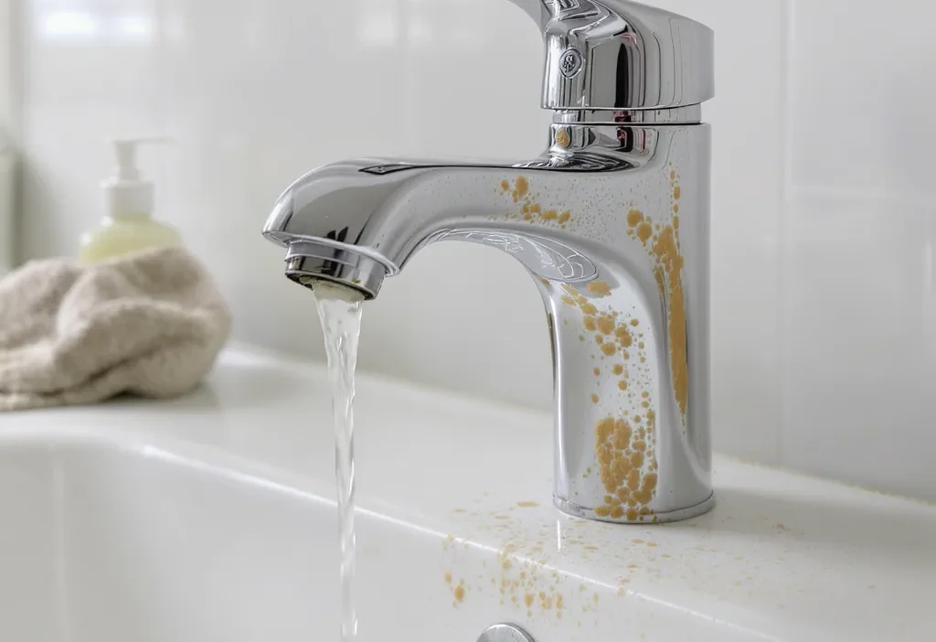 Close-up comparison of fresh water spots versus set-in mineral buildup on a chrome kitchen sink faucet.