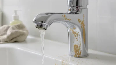 Close-up comparison of fresh water spots versus set-in mineral buildup on a chrome kitchen sink faucet.