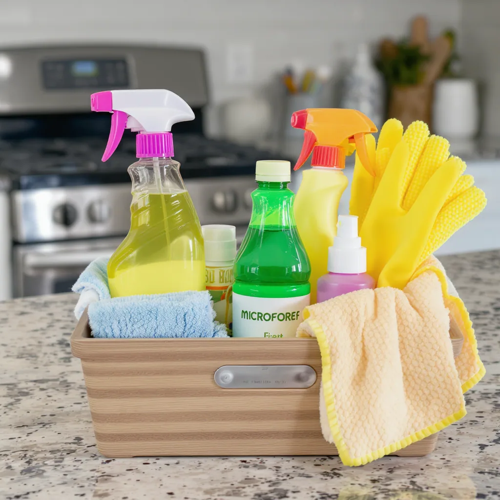 Organized Cleaning Caddy With Labeled Bottles Microfiber Cloths And Gloves
