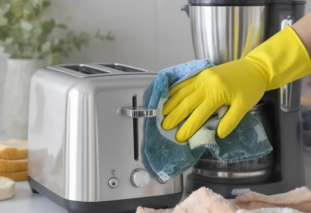 Person wiping the exterior of a stainless steel blender with a microfiber cloth for cleaning small appliances.
