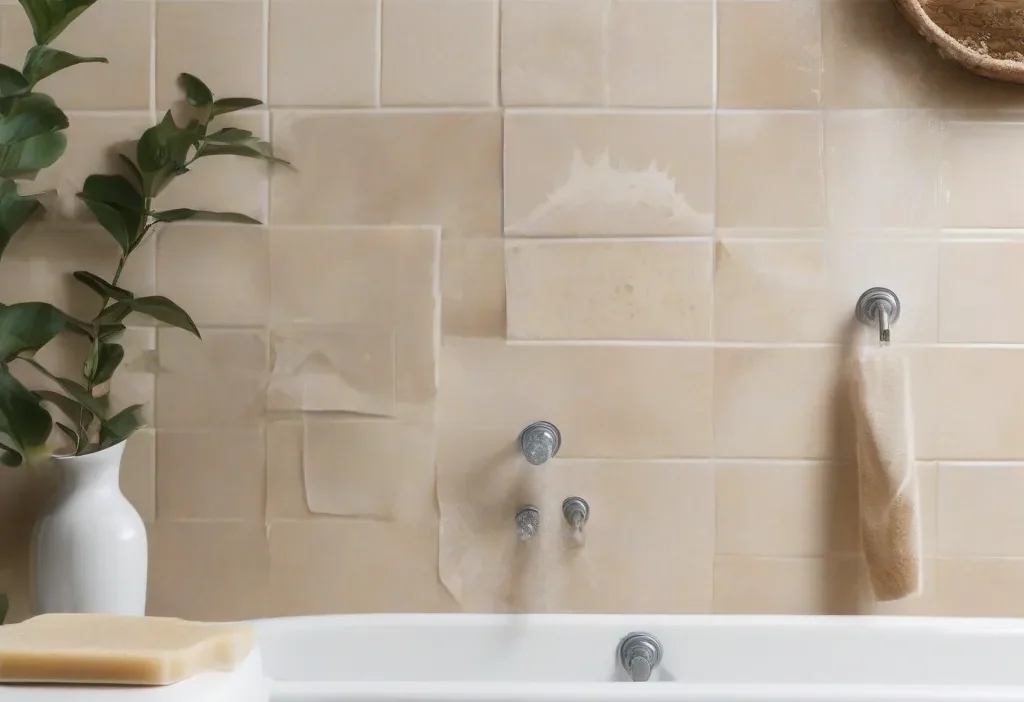 Close-up of stubborn soap scum buildup on a glass shower door with cleaning tools nearby