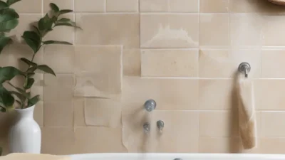 Close-up of stubborn soap scum buildup on a glass shower door with cleaning tools nearby