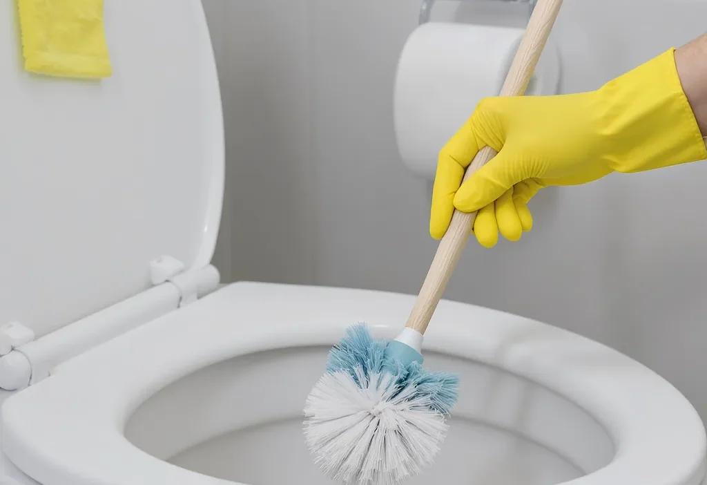 Correct toilet cleaning order to prevent cross-contamination with brushes, cloths, and disinfectant.