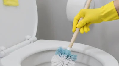 Correct toilet cleaning order to prevent cross-contamination with brushes, cloths, and disinfectant.