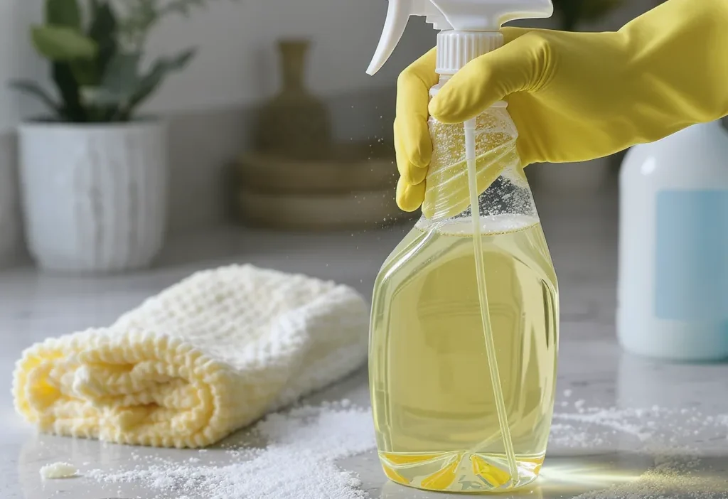Woman wiping a streaky kitchen counter with a cloth, showing cleaning product residue.